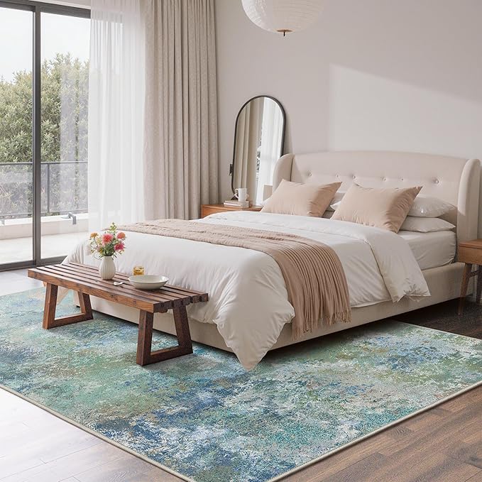 GENIMO Washable Rugs 8x10 Area Rugs for Living Room Bedroom, Modern Lightweight Rug Ultra Soft Indoor Area Rugs 8x10 for Dining Room, Low Pile Carpet with Non Slip Backing, Blue Green