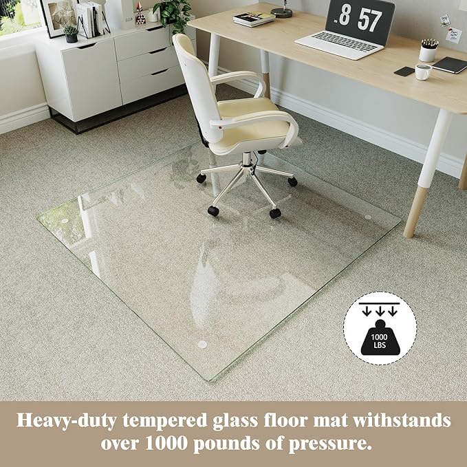 Koonmi Tempered Glass Chair Mat for Hardwood Floors & Carpets, 46" x 46“ Transparent Heavy Duty Office Floor Protector with Noise-Free Gliding Shatterproof for Home Office Desk