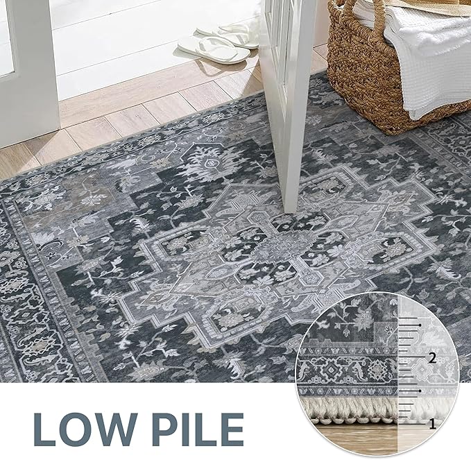 GENIMO 2'6''x8 Runner Rugs for Hallway, Machine Washable Non Slip Vintage Rugs, Low Pile Lightweight Soft Print Rug for enrtyway, Corridor, Home Office, Kitchen,Dark Gray