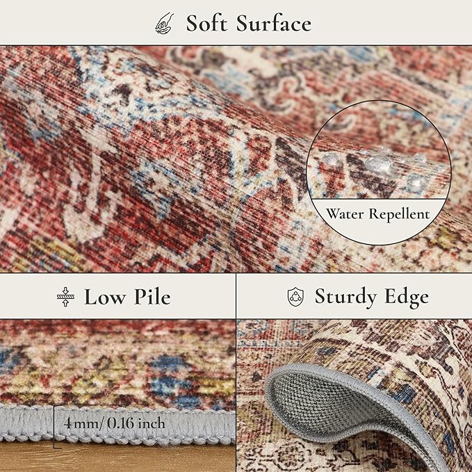 GENIMO 6x9 Area Rugs for Living Room, Machine Washable Non Slip Vintage Rugs, Low Pile Lightweight Chenille Print Rug for Bedroom, Dining Room, Home Office, Mocha Brick