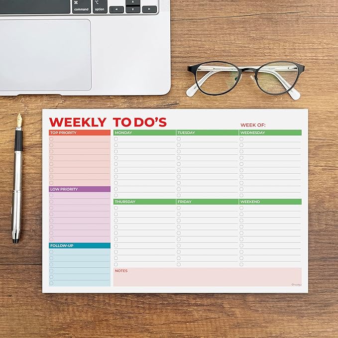 Weekly Planner Notepad, Weekly To Do List Notepad, Tear Off Undated Weekly Planner Pad, 11.5" x 8", Premium Thick Paper with Cardboard Back Support, Desk Planner for Office & Home, Vivid Color Design.