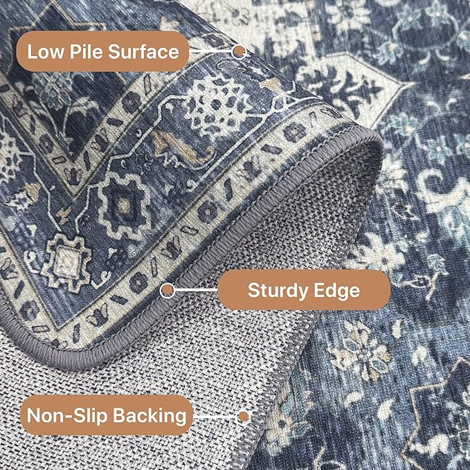 GENIMO 8x10 Area Rugs for Living Room, Machine Washable Non Slip Vintage Rugs, Low Pile Lightweight Chenille Print Rug for Bedroom, Dining Room, Home Office, Center Blue