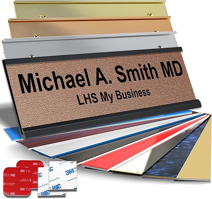 Personalized Name Plate with Choice of Mounting Holders for Walls, Doors, Cubicles, Hanging and More - Custom Textured Copper Plastic Black Letters - USA Made 2x10 - M2