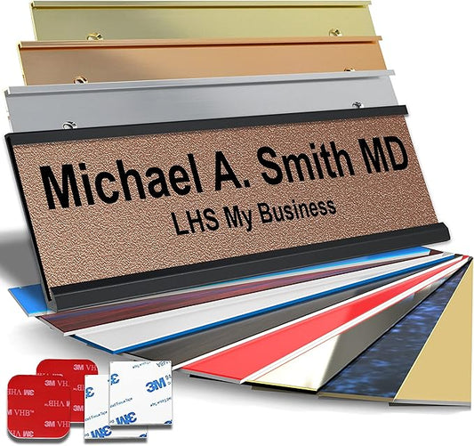 Personalized Name Plate with Choice of Mounting Holders for Walls, Doors, Cubicles, Hanging and More - Custom Textured Copper Plastic Black Letters - USA Made 2x12 - M2