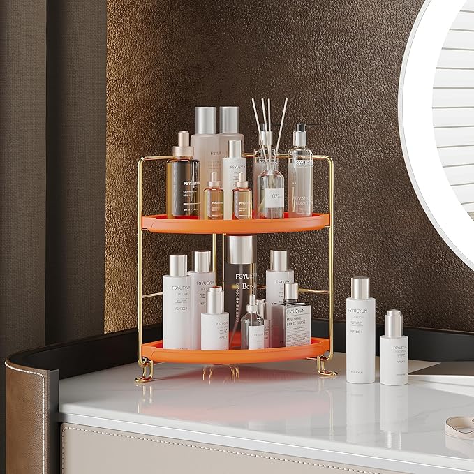 FSyueyun 2-Tier Corner Bathroom Counter Organizer, Tool-Less Installation Corner Vanity Organizer Small Plastics Countertop Makeup Tray Skincare Perfume Organizers (Gold & Orange)