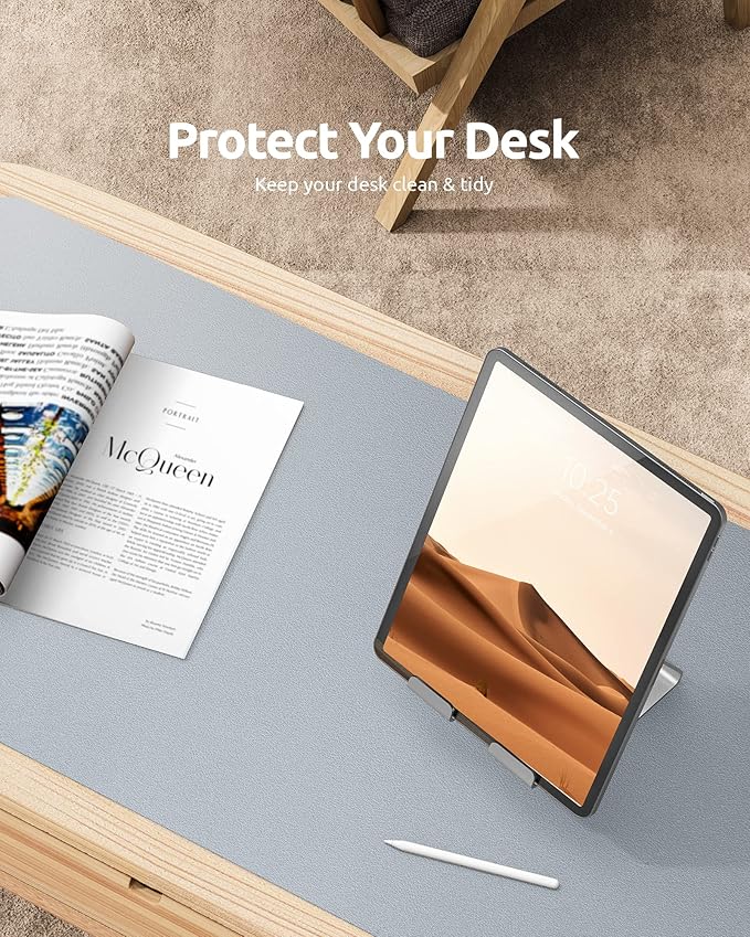 YSAGi Leather Desk Protector, Office Mat, Large Mouse Mat, Non-Slip PU Leather Blotter, Laptop Desk Mat, Waterproof Writing Pad for Office and Home (Light Grey, 35.4" x 17")
