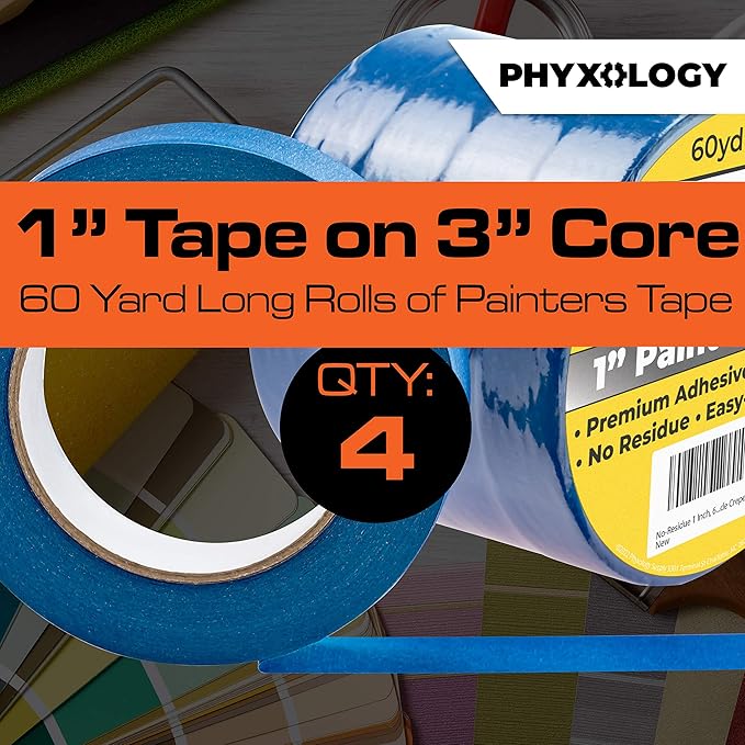 No-Residue 1 Inch, 60 Yard Blue Painters Tape 4 Pk. Easy-Tear, Pro-Grade Removable Masking Tape Great for Home, Office, Commercial Contractor. Clean, Drip-Free Painting with Wide Crepe Paper Rolls