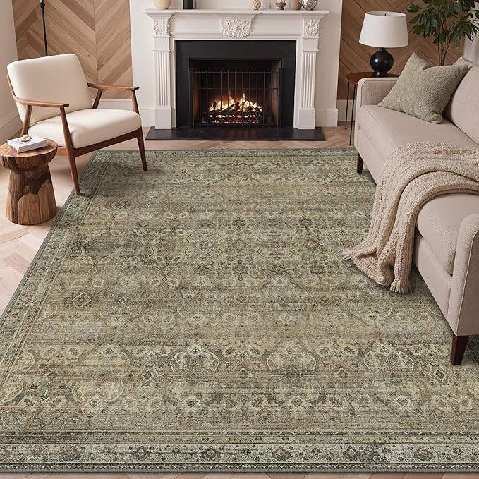 GENIMO 6x9 Area Rugs for Living Room, Machine Washable Non Slip Vintage Rugs, Low Pile Lightweight Chenille Print Rug for Bedroom, Dining Room, Home Office, Green Khaki