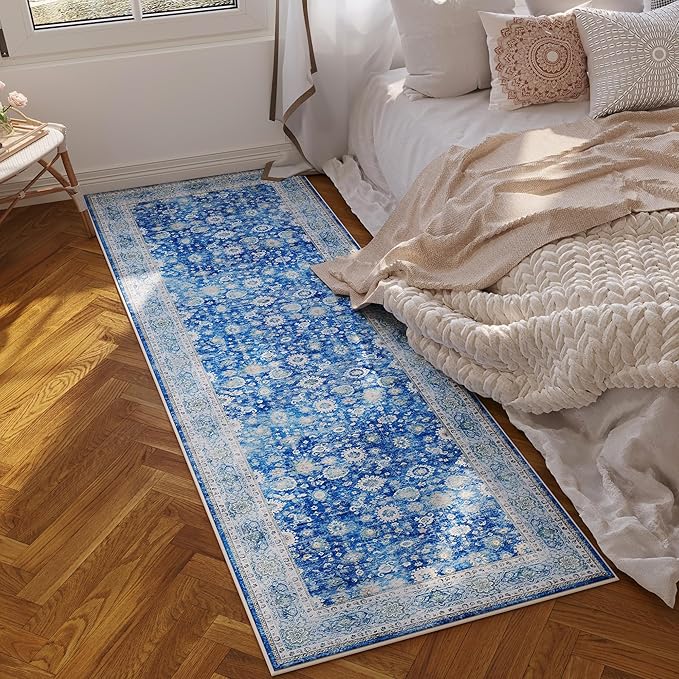 Rugcomf Runner Rug 2'6''x8' Hallway Washable Boho Soft Area Rug Non-Slip Faux Wool Vintage Rug for Kitchen, Entryway, Laundry, Bedroom, Indoor (Blue)