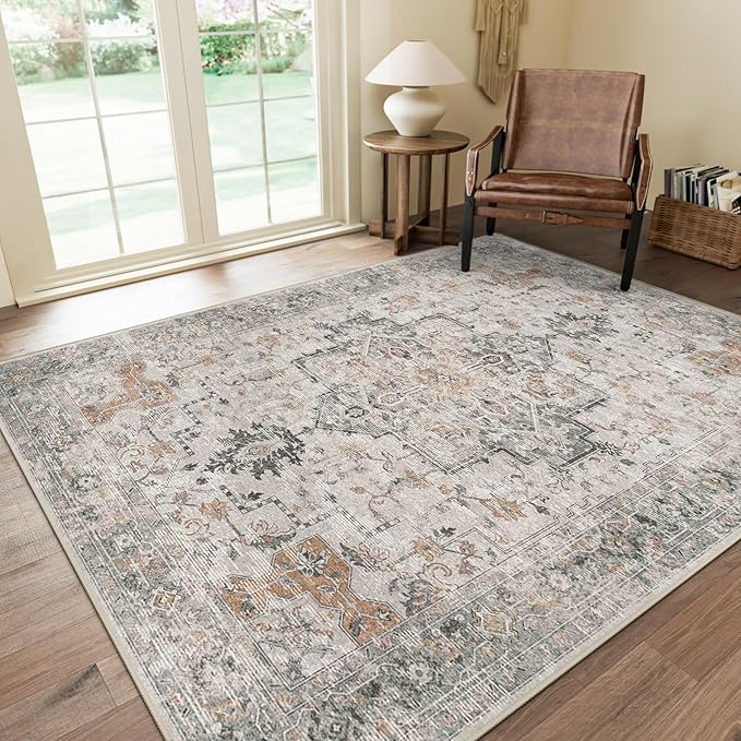 GENIMO 7'6''x9'6'' Area Rugs for Living Room, Machine Washable Rugs, Low Pile Non Slip Vintage Rug for Bedroom, Dining Room, Home Office, Light Taupe Brown