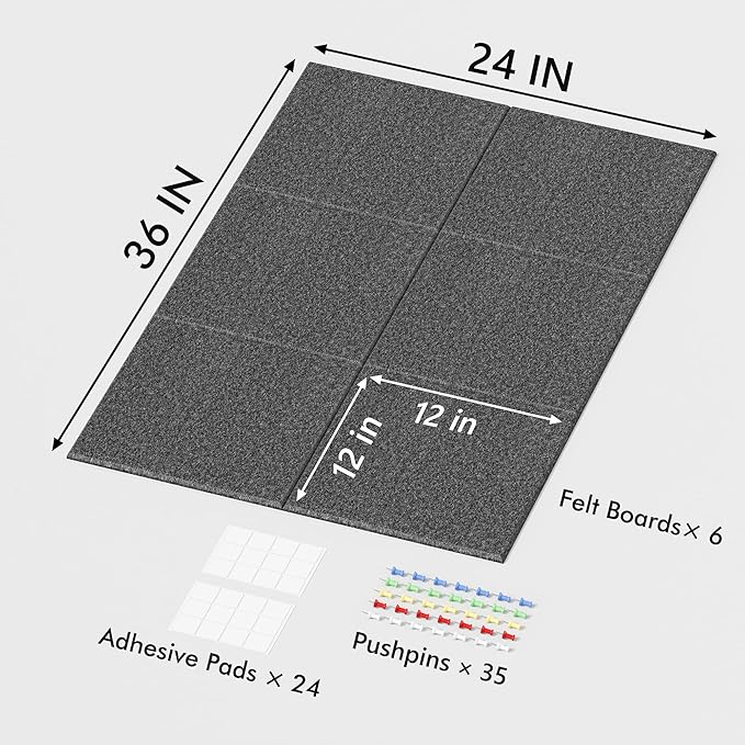 Neatsure Large Cork Board for Wall, 36" x 24" Bulletin Board with Pushpins, 6 Panels Felt Tiles Tack Push Pin Board for Office, Dark Gray
