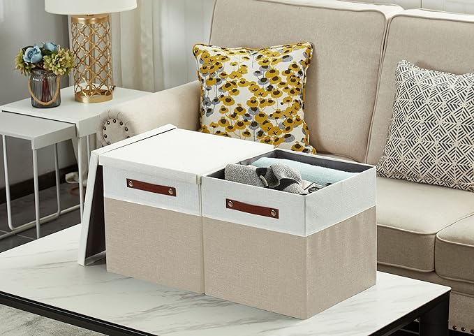 DECOMOMO Storage Basket with Lid, Storage Cubes with Handles, Fabric Box with Lid (Beige and White, 13” / 3 Pack)