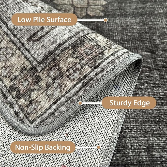 GENIMO 5x7 Area Rugs for Living Room, Machine Washable Non Slip Vintage Retro Rugs, Low Pile Lightweight Chenille Print Rug for Bedroom, Dining Room, Home Office, Charcoal