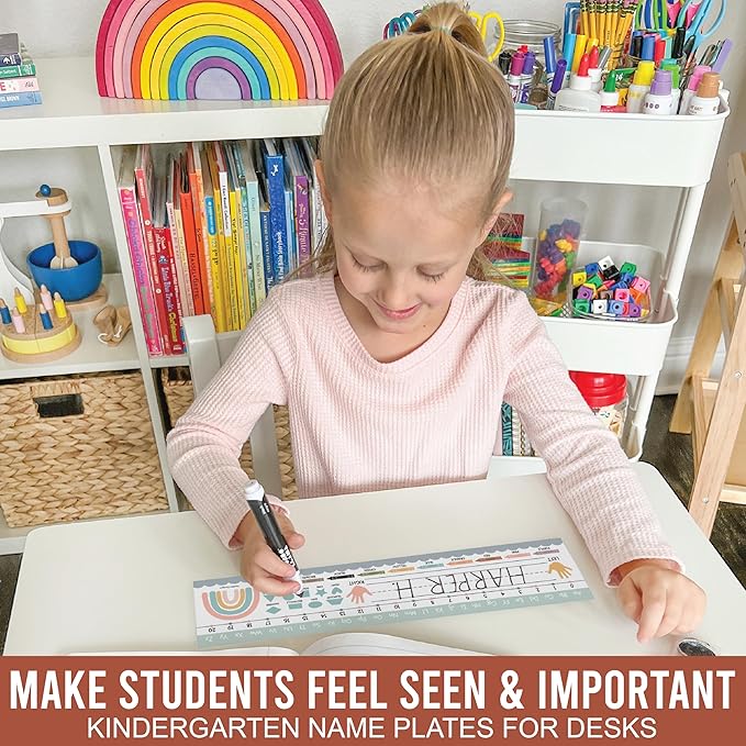 Desk Name Tags for Classroom -25 Student Name Plates for Classroom Kindergarten, Preschool, 1st, 2nd & 3rd Grade, 13x3 Teacher Nameplates for Student Desks, Boho Nametags