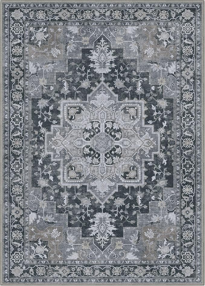 GENIMO 9x12 Area Rugs for Living Room, Machine Washable Non Slip Vintage Rugs, Low Pile Lightweight Chenille Print Rug for Bedroom, Dining Room, Home Office,Dark Gray