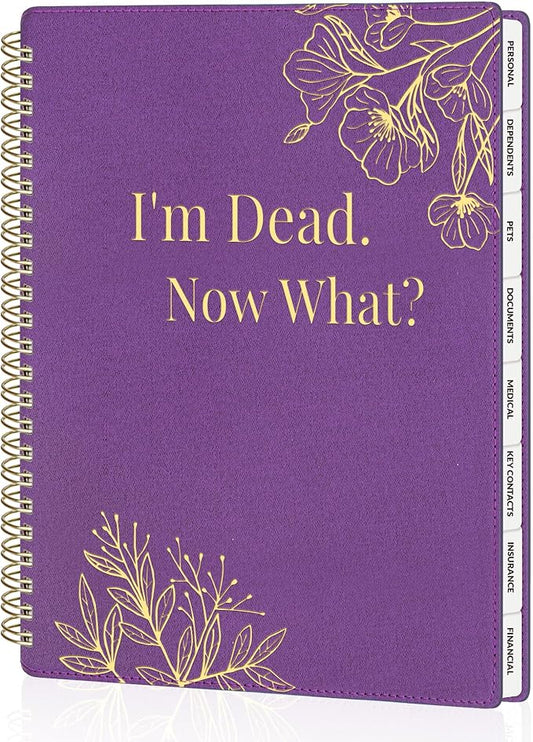 SUNEE End of Life Planner - I'm Dead Now What Planner for Seniors & Family Legacy, Large Print Spiral-Bound Estate Planning Organizer with Tabs - Final Wishes, Passwords & Funeral Planning, A4, Purple