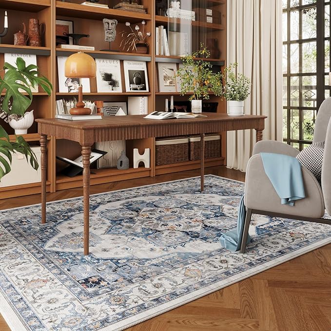 Rugcomf Vintage Medallion 4'x6' Rug - Machine Washable Area Rug, Non-Slip Low Pile Boho Carpet for Girl/Boys Room, Living Room, Kids, Entry - Blue