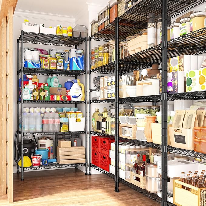 REIBII 5 Tier Storage Shelves Adjustable Wire Rack Shelving, Kitchen Shelves 13.4" D x 23.2" W x 60" H Strong Metal Shelves for Restaurant Garage Pantry，Black