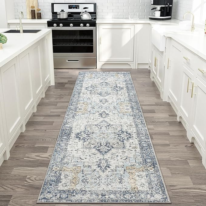 GENIMO Runner Rug 2x8, Non Slip Vintage Hallway Runner Rugs, Low Pile Lightweight Machine Washable Mat for Hallway, Entryway, Bedroom, Kitchen and Corridor, Blue