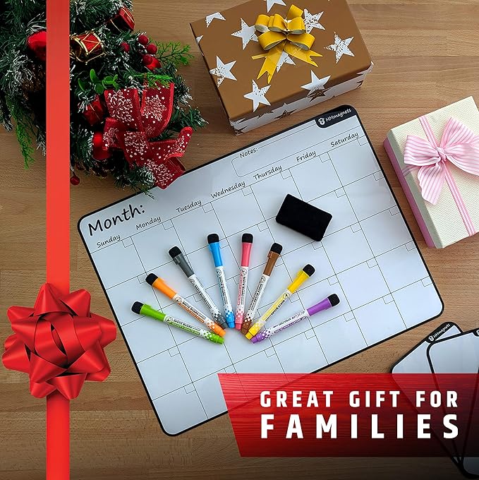 Large Dry-Erase Magnetic Monthly Calendar + Free Bonus: 3 Grocery/to-Do List Whiteboards (Organizer/Planner) for Kitchen Fridge - Full Set: 8 Markers + Eraser | Stain Free | Horizontal