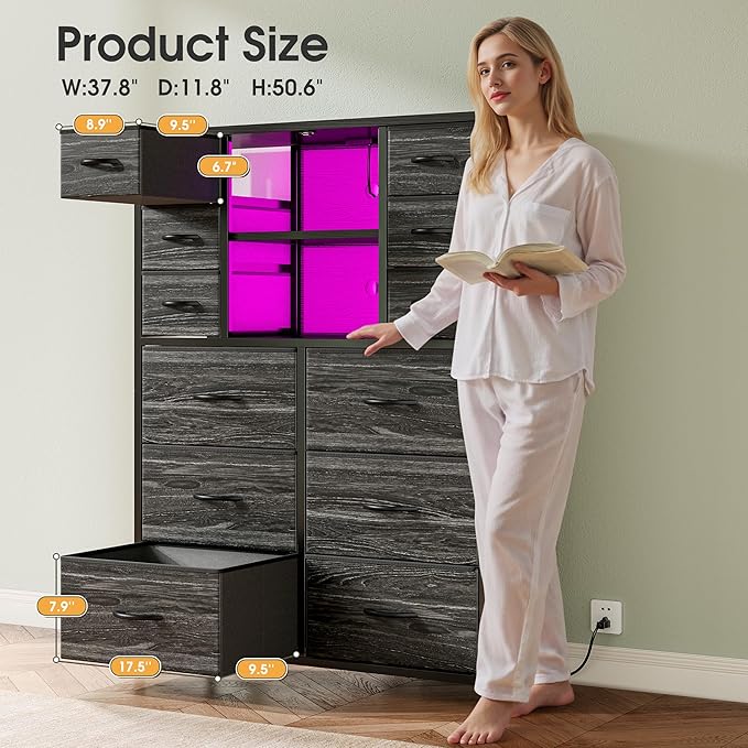 EnHomee Dresser for Bedroom with Charging Station & LED Light, Large Dresser for Hallway, Living Room, Entryway, Metal Frame, Black Dressers & Chest of Drawers, 50.6" H x 37.8" W x 11.8" D