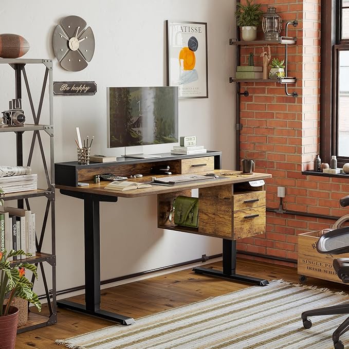 FEZIBO Electric Standing Desk 48 x 24 Inch with Monitor Shelf, 3 Drawers and Open Storage, Home Office Computer Workstation, Rustic Brown, 2 Packages