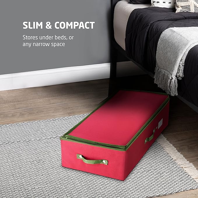 ZOBER Underbed Christmas Ornament Storage Box - Stores 64 3" Ornaments, With Dividers - Tear Proof 600D Oxford Fabric, Ornament Organizer Storage Box, Durable Christmas Containers Holder - Red
