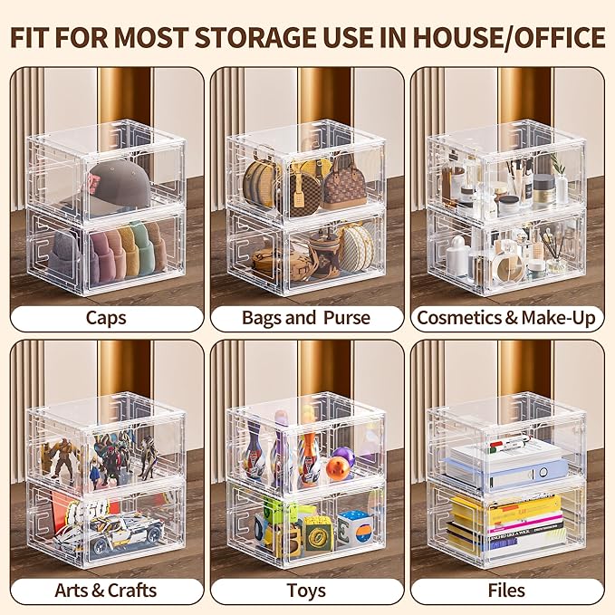 TOFWOF 6 Pack XX Large Shoe Organizer, Heavy-Duty Hard Thicken Plastic Clear Stackable Shoe Storage Box Organizer for Closet, Space-Saving Shoe Rack Display Case Bin Containers for Sneakers, Clear