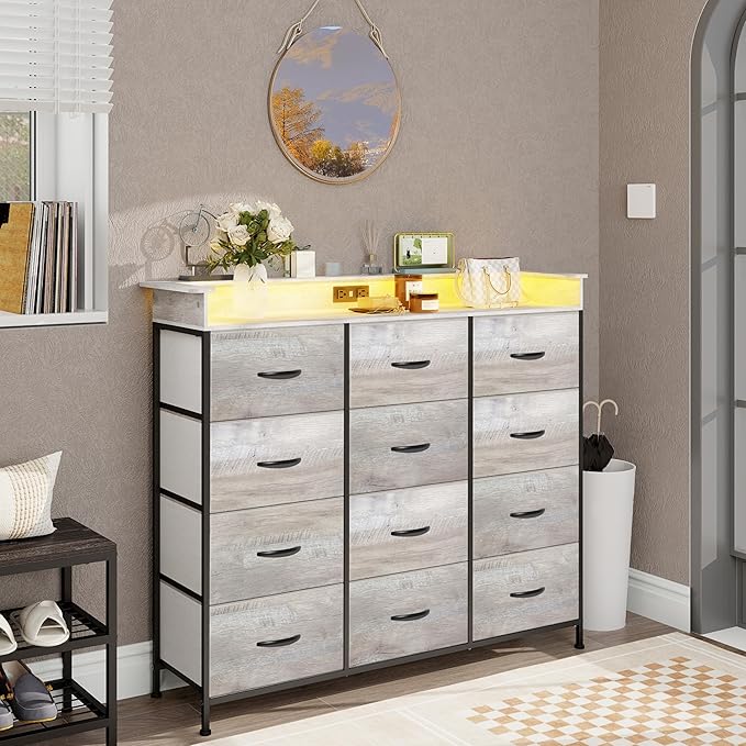 Welfuturer Dresser for Bedroom with 12 Drawers LED Dressers & Chests of Drawers Charging Station Fabric Dresser Storage Organizer Unit for Hallway Entryway Closets Sturdy Steel Frame Wood Top Gray