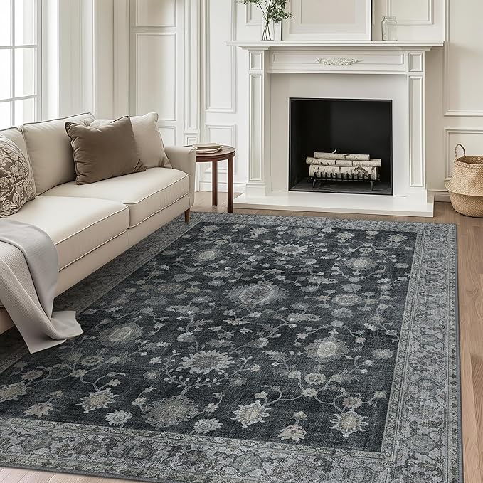 GENIMO Machine Washable 9x12 Area Rugs for Living Room, Non Slip Vintage Rugs, Low Pile Lightweight Chenille Print Rug for Bedroom, Dining Room, Home Office, Charcoal
