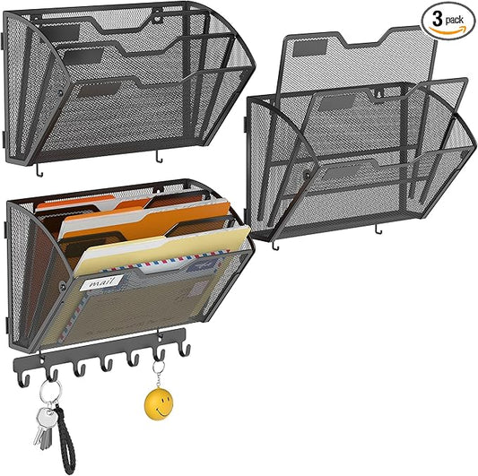 Docnest 3 Tier Mesh Wall File Holders with Hooks – 3 Pack Hanging Letter Holder - Document Organizer for Mail, Paper, Office, Home, School – Space-Saving Wall Mounted Folder Holder – Black