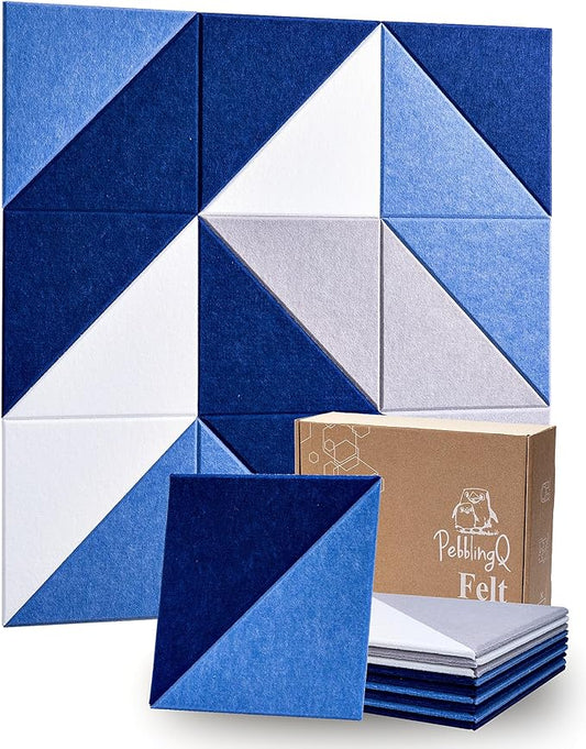 PebblingQ Felt Wall Tiles Bulletin Board, Marine Blue White Panels, Modular Decorative Boards for Home Office, Kids Room, Nursery, DIY Geometric Art Display, 18 Pack 11.8" Triangle Tiles (Marine)
