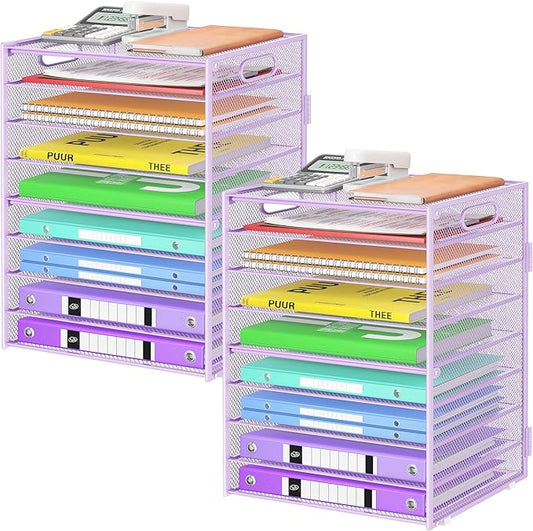 Cawukege 9 Tier Paper Organizer with Handle, Large Capacity Desk Organizer Mesh Paper Letter Tray File Folder Document Sorter for Classroom and Office Accessories Organization- Purple (2 Pack)