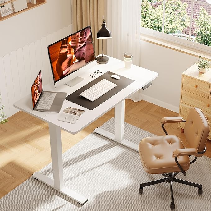 FitStand Adjustable Stand Up Desk with Memory Preset, Standing Desks 40 x 24 Inch Electric Home Office Desk Computer Workstation, Splice White Top + White Frame