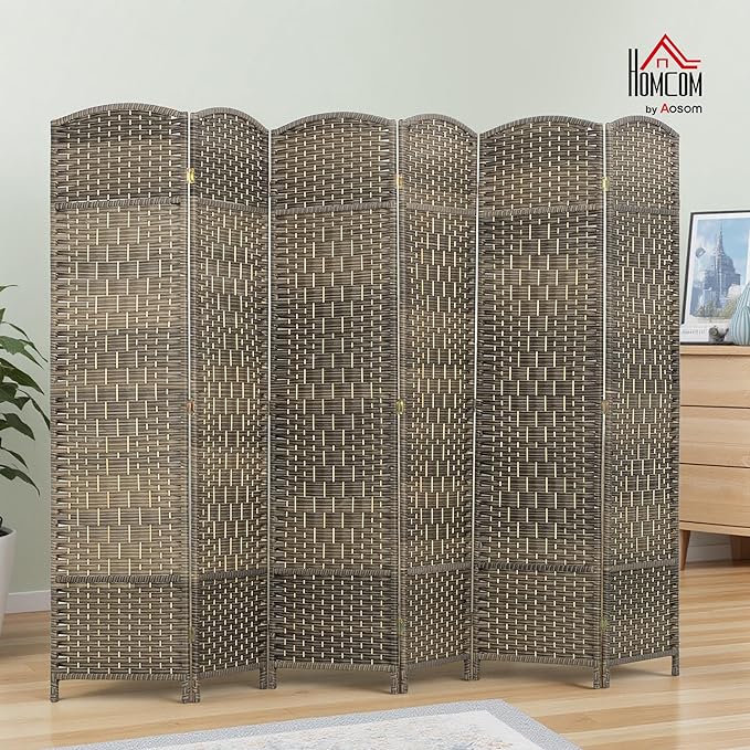 HOMCOM 6 Panel Room Divider, 6' Tall Folding Privacy Screen, Hand-Woven Freestanding Wall Partition for Home Office, Bedroom, Dark Rustic Oak