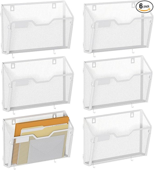 YINGHUA 6 Pack Mesh File Holders Wall Mounted - Durable Metal Hanging Organizer with Hooks - 12.6 Inch Vertical Wall Baskets for Mail Papers Office Home and School Storage - White