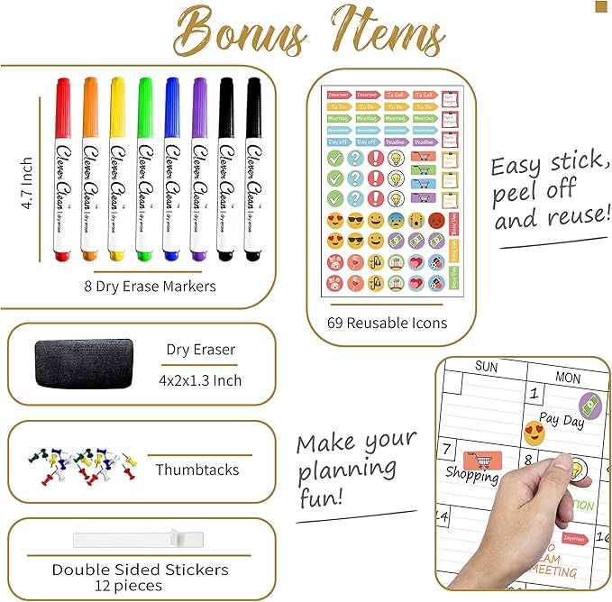 CLEVER CLEAN Large Dry Erase Wall Calendar - 36"x96" 12-month 2026 Undated Yearly Calendar for Home, Office, School Projects - Jumbo Reusable Laminated Task Organizer