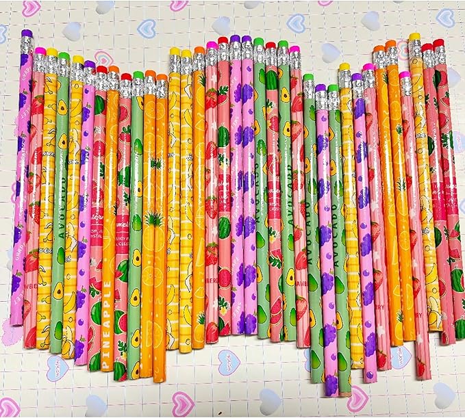 Jsehchya 72PCS Corlorful Wooden cased Pencils for Kids with Erasers, Wood Wedding Golf for School,Drawing,Gift (72PCS) (Fruit, 72)
