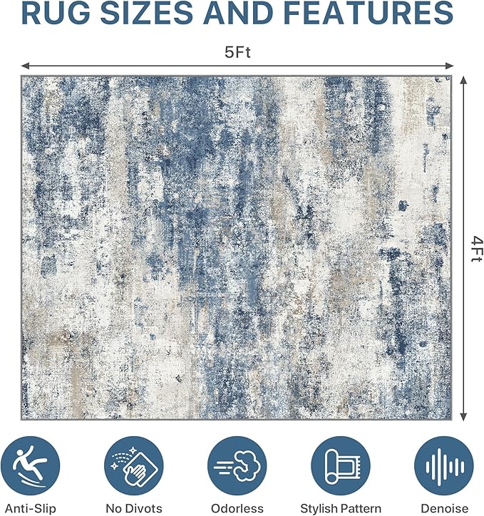 Office Chair Mat for Hardwood Tile Floor, Abstract 48"X 60" Desk Mats for Office Chair on Rolling Chairs Carpet, Desk Anti-Slip 1/5" Thick Rug for Computer Chair, Thin Low-Pile Floor Mat, Navy Beige