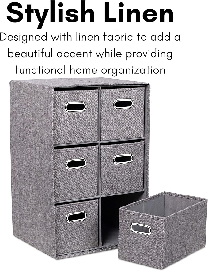 BIRDROCK HOME Linen Cube Organizer Shelf w/ 6 Storage Fabric Bins - Foldable & Durable - Toys, Clothes, Towels - Collapsible Cubby for Kids Room, Dorm, Closet, Bedroom - Large Shelving Cubbies - Grey
