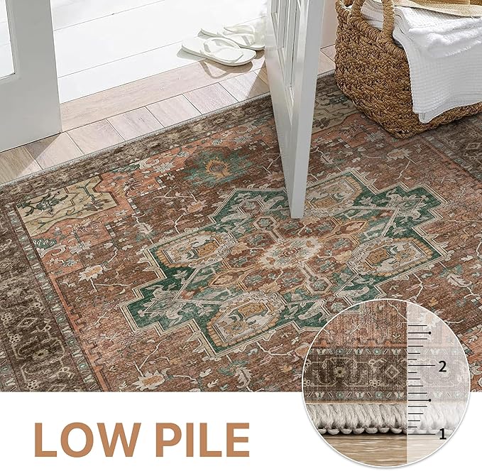 GENIMO 9x12 Area Rugs for Living Room, Non Slip Machine Washable Vintage Rugs, Low Pile Lightweight Chenille Print Large Rug for Bedroom, Dining Room, Home Office, Rosewood