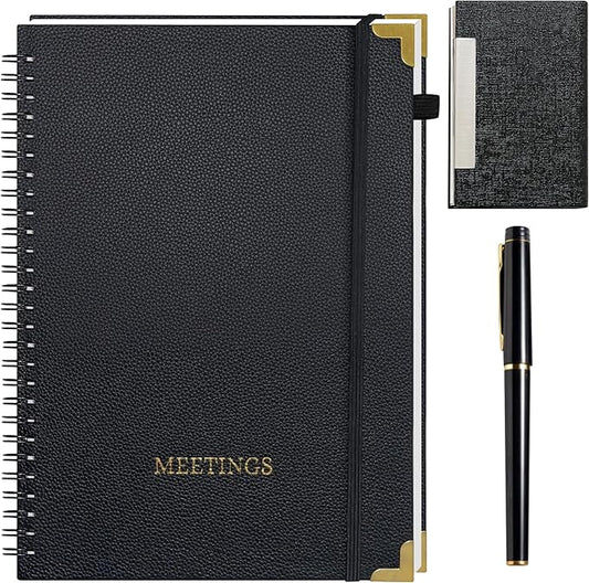 Meeting Notebook Set for Work – 3 Piece PU Leather Business Notebook with Pen & Card Holder, Professional Planner 7”x10”, Black with Gold Corners