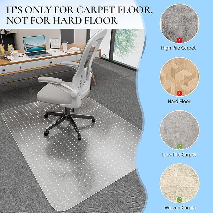 HOMEK Office Chair Mat for Low Pile Carpet, 48” x 36” Transparent Office Desk Chair Mat for Carpeted Floors, Studded Carpet Floors Protector Mat for Home & Offices