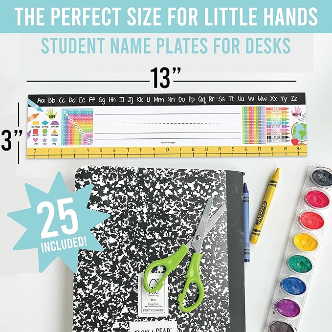 Desk Name Tags for Classroom -25 Student Name Plates for Classroom Kindergarten, Preschool, 1st, 2nd & 3rd Grade, 13x3 Teacher Nameplates for Student Desks, Colorful Nametags