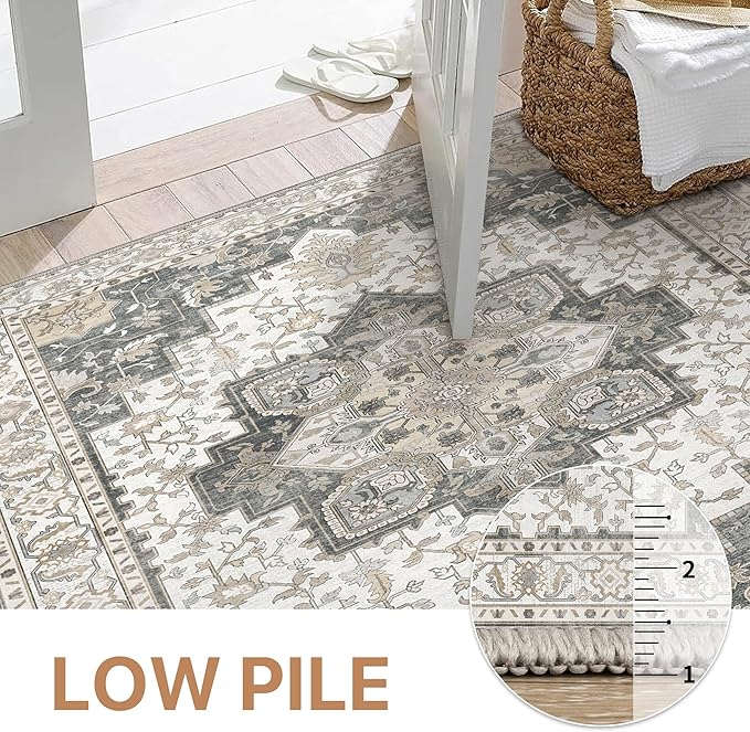GENIMO 8x10 Area Rugs for Living Room, Machine Washable Non Slip Vintage Rugs, Low Pile Lightweight Chenille Print Rug for Bedroom, Dining Room, Home Office, Heathered Grey