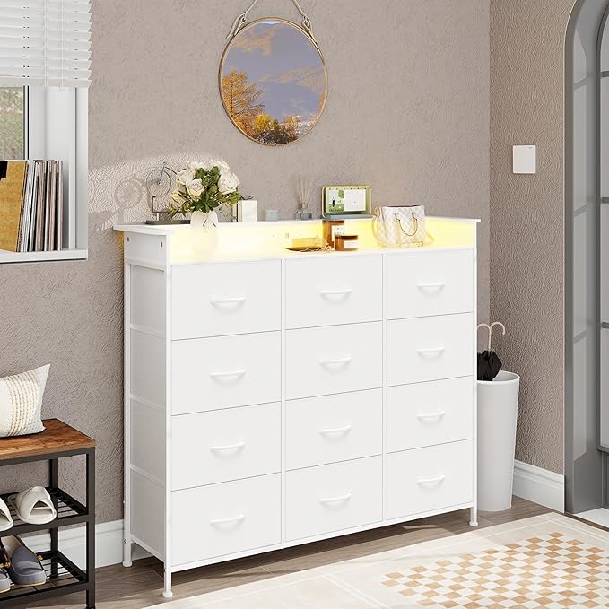 Welfuturer White Dresser with LED Lights and Charging Station for Bedroom 12 Drawers Dressers & Chest of Drawers Tall Dressers for Hallway Entryway Closets Living ROM Sturdy Steel Frame Wood Top
