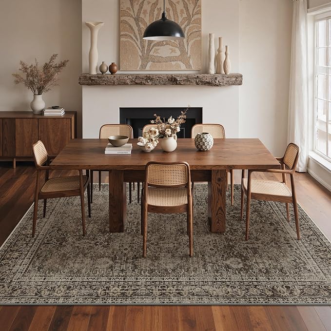 GENIMO 6x9 Area Rug Machine Washable Boho Rug for Living Room,Ultra-Thin Low Pile Carpet,Lightweight Indoor Printed Rug,Non Slip Floral Area Rug for Bedroom, Dining Room, Home Office,Brownish Green