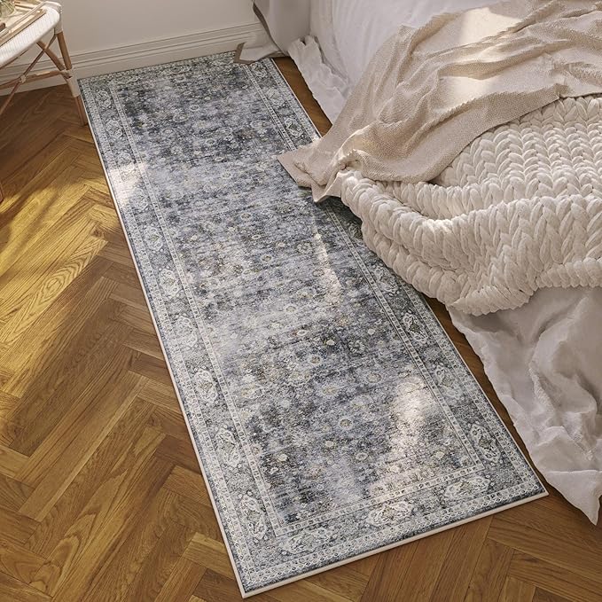 Rugcomf Long Hallway Runner Rug 2'7"x14' - Vintage Washable Non Slip Runner Rug, Boho Carpet for Hallways, Kitchen, Entryway, Hall, Bathroom - Grey