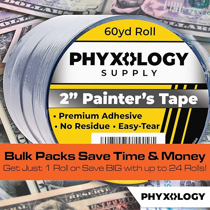 No-Residue 2 Inch, 60 Yard Blue Painters Tape 2 Pk. Easy-Tear, Pro-Grade Removable Masking Tape Great for Home, Office, Commercial Contractor. Clean, Drip-Free Painting with Wide Crepe Paper Rolls