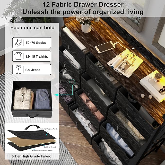 Welfuturer Black Dresser with LED Light 12 Drawers Dresser with Charging Station Dressers for Bedroom with 12 Fabric Drawers for Bedroom Hallway Entryway Closets Sturdy Steel Frame Wood Top Black
